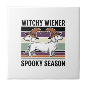 Witchy Dachshund Halloween Vintage Engraving Dog S Tile