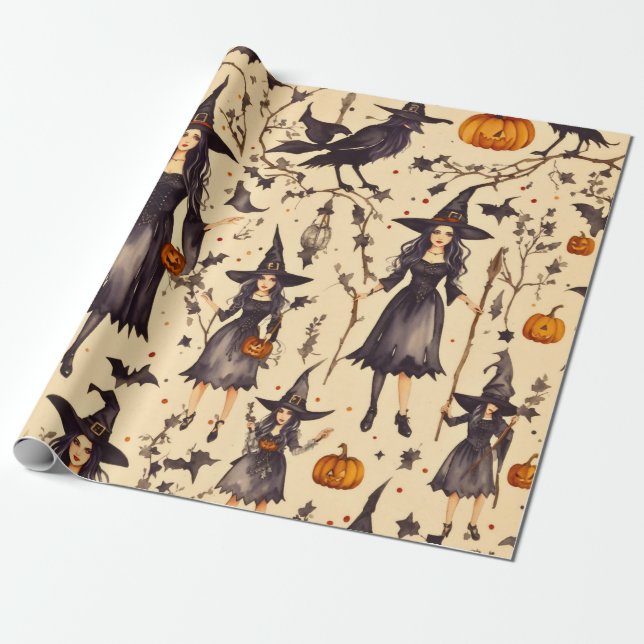 Witchy Elegance: Vintage Gothic Halloween Wrapping Paper (Unrolled)