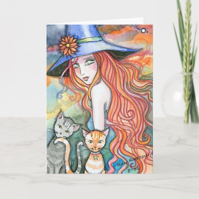 Witchy Eve  Witch Cat Halloween Card Notecard (Front)