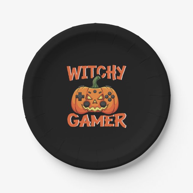 Witchy Gamer Halloween Paper Plate (Front)