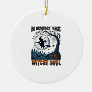 Witchy Halloween Art Vintage Engraving Moonlit Spe Ceramic Tree Decoration