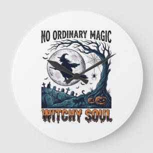 Witchy Halloween Art Vintage Engraving Moonlit Spe Large Clock