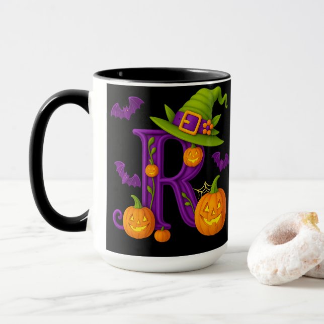 Witchy Halloween Initial “R” Mug (With Donut)