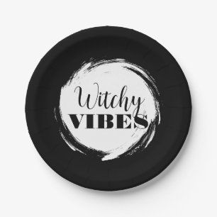 Witchy Halloween Party Black and White Paper Plate