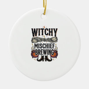 Witchy Halloween Shirt With Broom And Cauldrons_1 Ceramic Tree Decoration