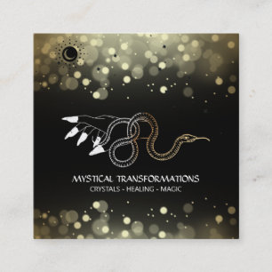 *~* Witchy Hand Gold Snake Moon Magic Boho Black Square Business Card