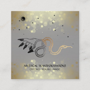 *~* Witchy Hand Gold Snake Moon Magic Boho Grey Square Business Card