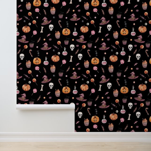 Witchy Jack O Lantern Halloween Pattern on Black Wallpaper (Application)