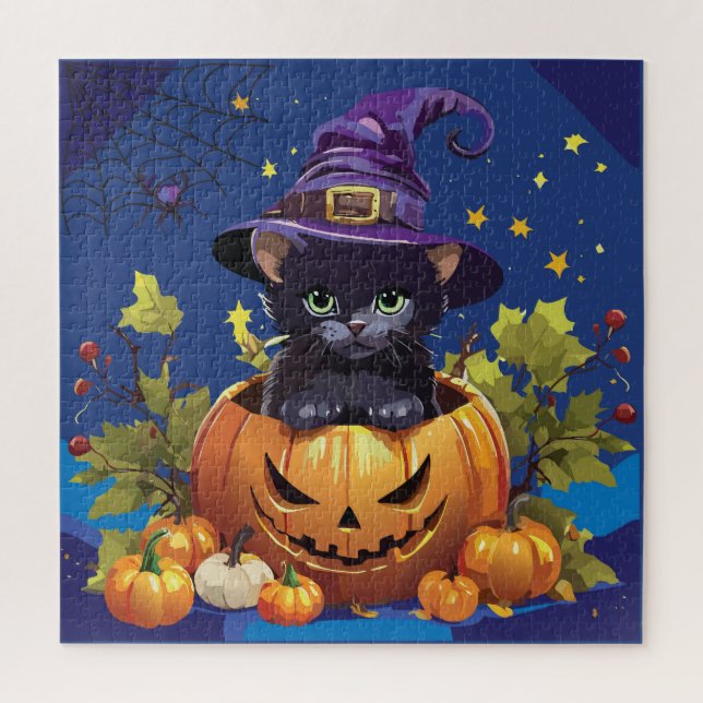Witchy Kitty in Pumpkin Square Jigsaw Puzzle (Vertical)