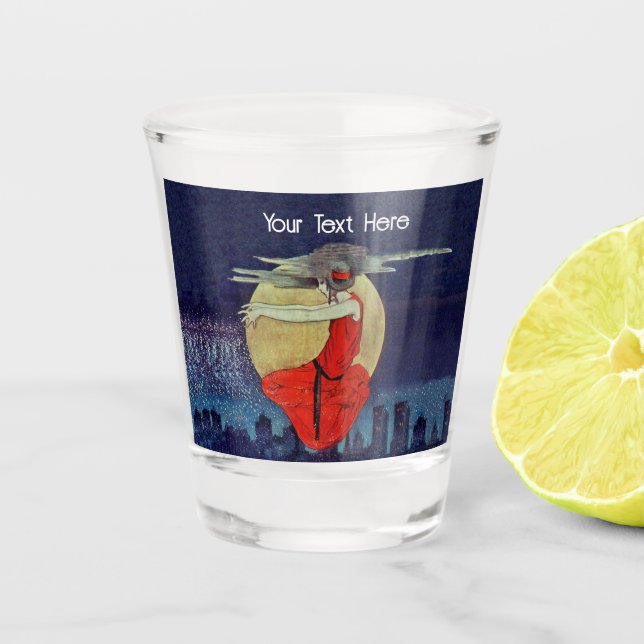 Witchy Lady Floating in Sky over City Shot Glass (Front)