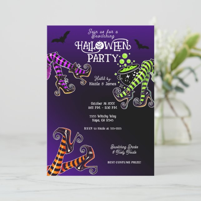 Witchy Legs Bewitching Purple Halloween Party  Invitation (Standing Front)