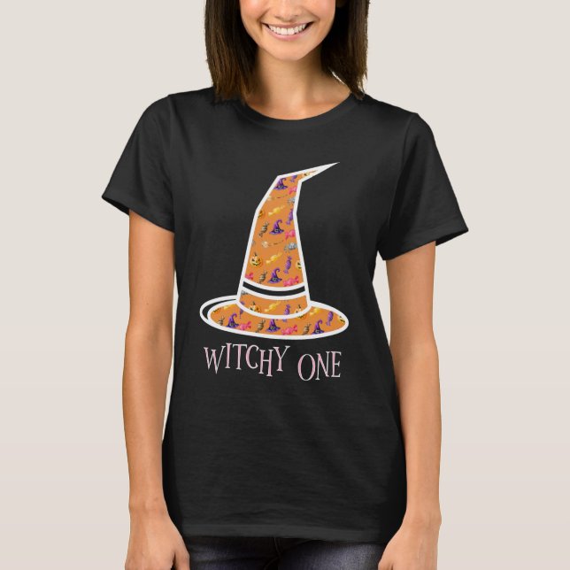 "Witchy One" Orange Halloween Pattern Witch Hat T-Shirt (Front)