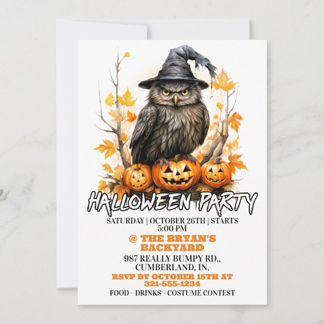 Witchy Owl Happy Halloween Party Invitations (Front)