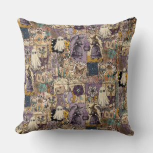 Witchy Patchwork in Purple and Blues Spooky Ghost Cushion