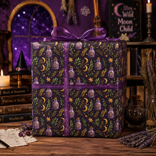 Witchy Potion Bottle Crescent Moon Dark Purple Wrapping Paper