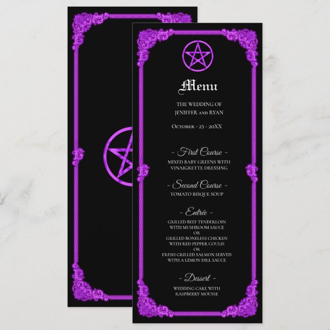 Witchy purple Glow Gothic Wedding Menu (Front/Back)