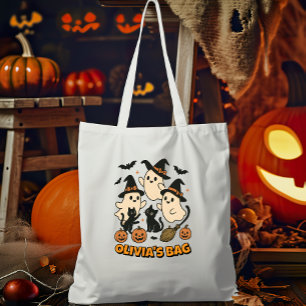 Witchy Retro Ghost Cats Personalised Halloween Tote Bag
