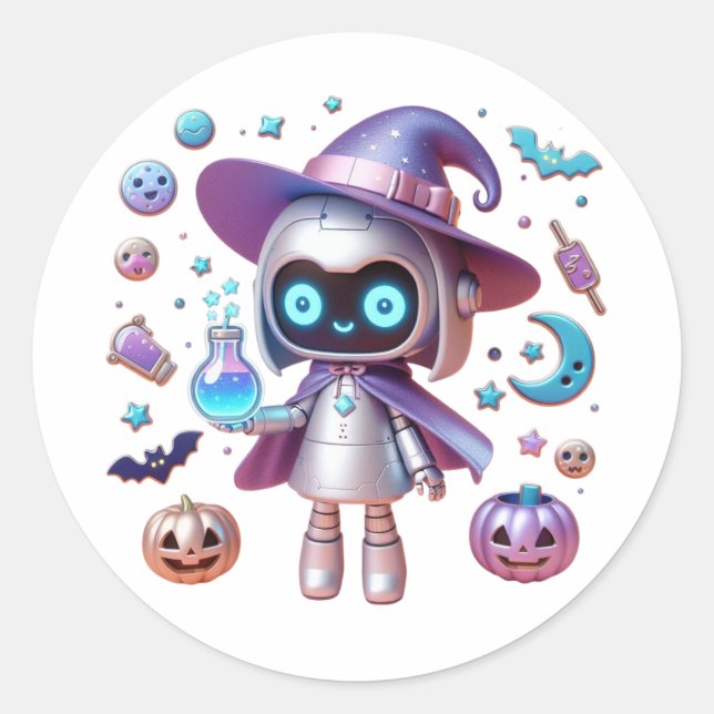 Witchy Robot Halloween Sticker Cute Holographic (Front)