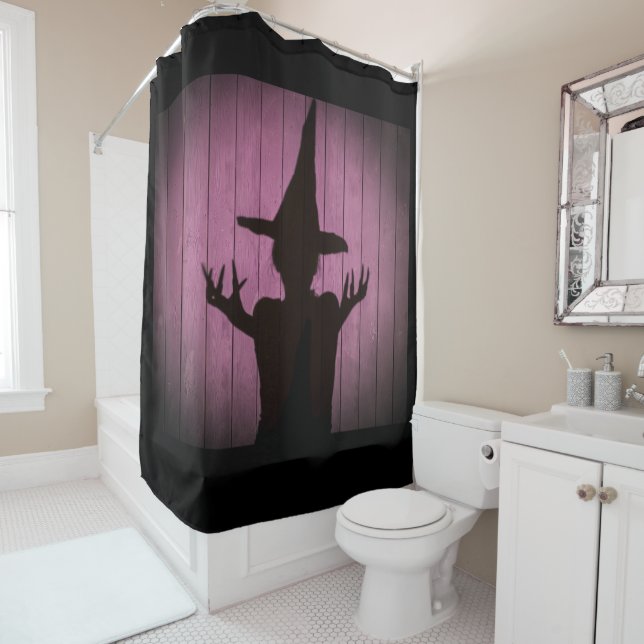 Witchy Silhouette Black and Purple Shower Curtain (In Situ)