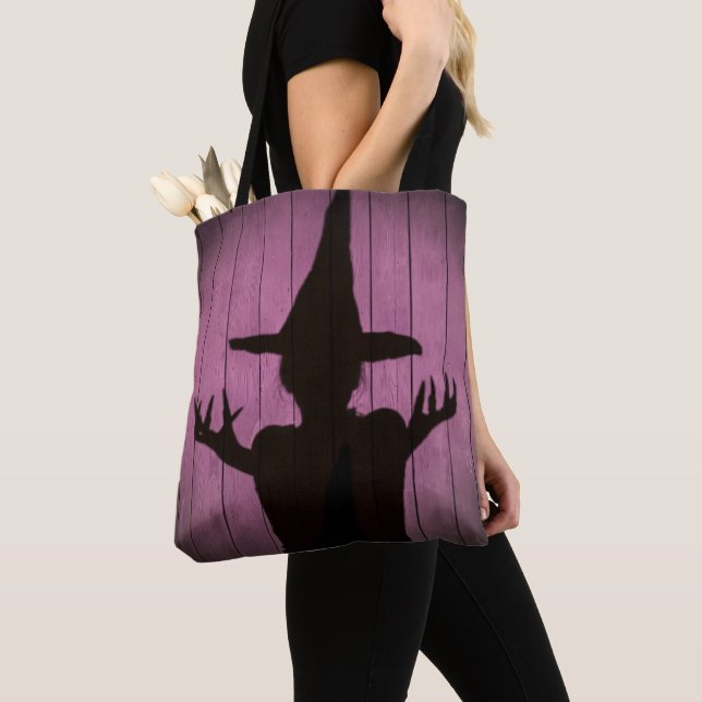 Witchy Silhouette Black and Purple Tote Bag (Close Up)