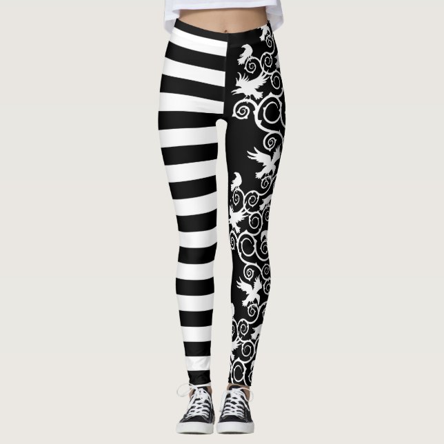 Witchy Striped Gothic Ravens and Thorns Leggings (Front)