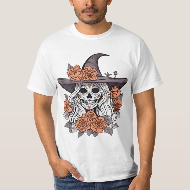 Witchy Sugar Skull with Roses T-Shirt (Front)