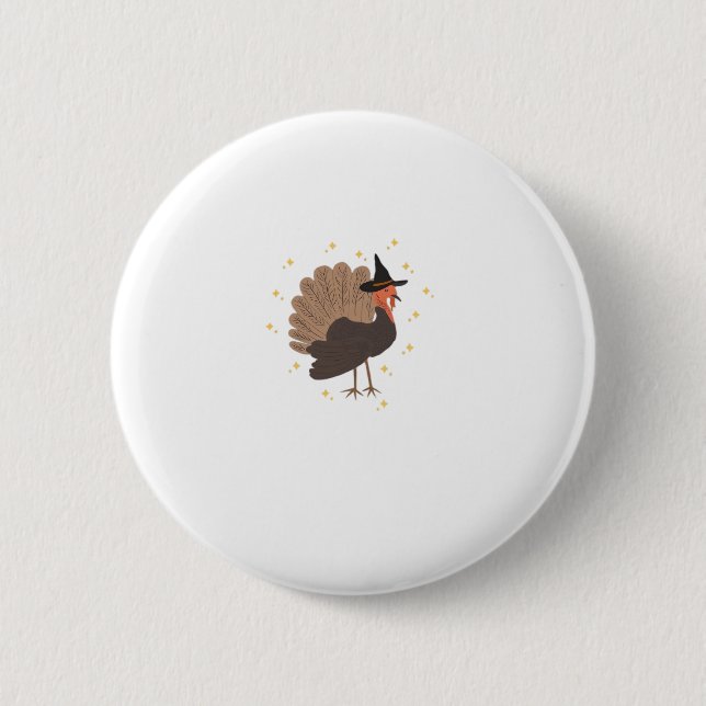 Witchy turkey with hat and sparkling stars illustr 6 cm round badge (Front)