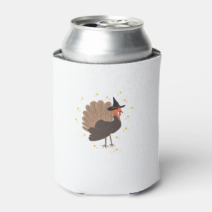Witchy turkey with hat and sparkling stars illustr can cooler