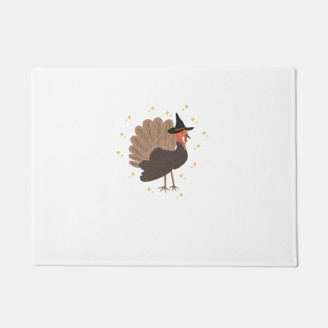 Witchy turkey with hat and sparkling stars illustr doormat (Front)