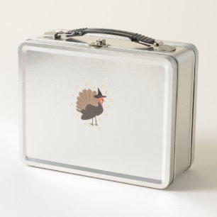 Witchy turkey with hat and sparkling stars illustr metal lunch box