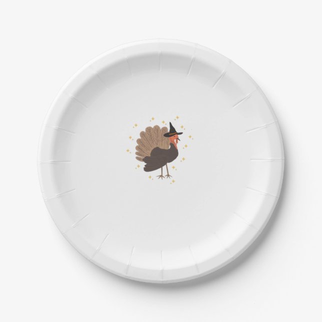 Witchy turkey with hat and sparkling stars illustr paper plate (Front)