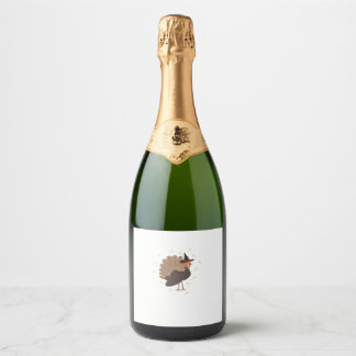 Witchy turkey with hat and sparkling stars illustr sparkling wine label