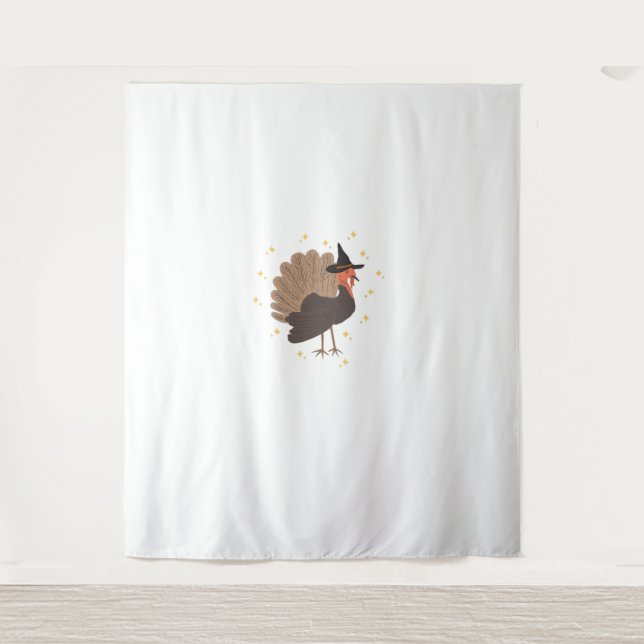 Witchy turkey with hat and sparkling stars illustr tapestry (Front)
