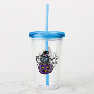 Witchy Vibes – Black Cat on Purple Jack-O-Lantern Acrylic Tumbler