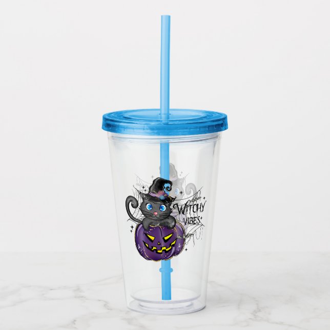 Witchy Vibes – Black Cat on Purple Jack-O-Lantern Acrylic Tumbler (Front)