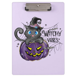 Witchy Vibes – Black Cat on Purple Jack-O-Lantern Clipboard