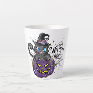 Witchy Vibes – Black Cat on Purple Jack-O-Lantern Latte Mug