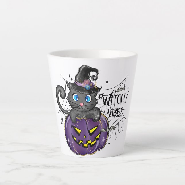 Witchy Vibes – Black Cat on Purple Jack-O-Lantern Latte Mug (Front)