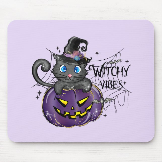 Witchy Vibes – Black Cat on Purple Jack-O-Lantern Mouse Mat (Front)