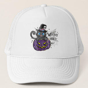 Witchy Vibes – Black Cat on Purple Jack-O-Lantern Trucker Hat
