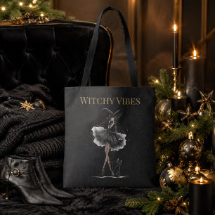 Witchy Vibes Dark Edition – Gothic Witch & Cat Tote Bag