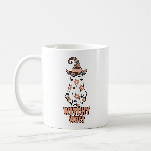 "Witchy Vibes" Halloween Witch Ghost Orange Coffee Mug (Left)