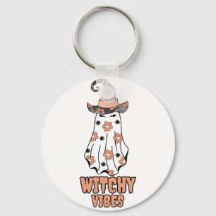 "Witchy Vibes" Halloween Witch Ghost Orange Key Ring
