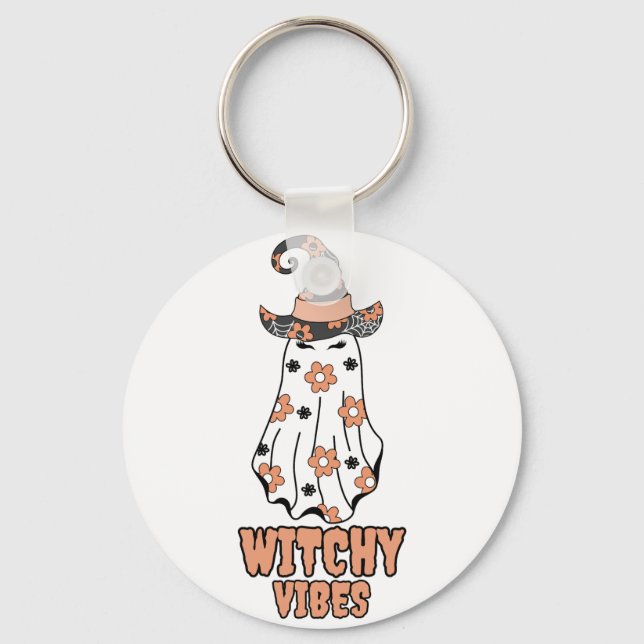 "Witchy Vibes" Halloween Witch Ghost Orange Key Ring (Front)