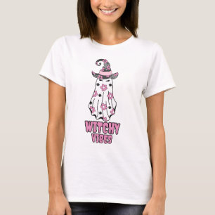 "Witchy Vibes" Halloween Witch Ghost Pink T-Shirt