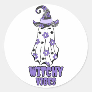 "Witchy Vibes" Halloween Witch Ghost Purple Classic Round Sticker