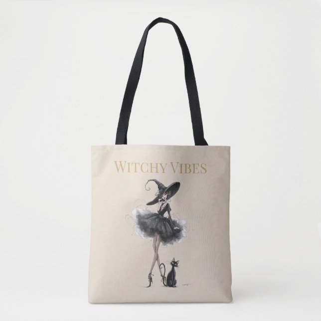 Witchy Vibes Light Edition – Gothic Witch & Cat Tote Bag (Front)