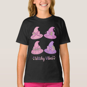 Witchy Vibes Pink Witch Hats Bow Daisy Stars Cute T-Shirt