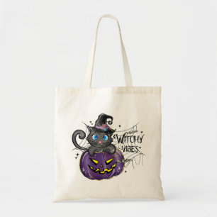 Witchy Vibes   WItch Black Cat and Jack-O-Lantern Tote Bag