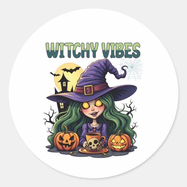 Witchy Vibes with Pumpkins and Potion Classic Round Sticker (Front)